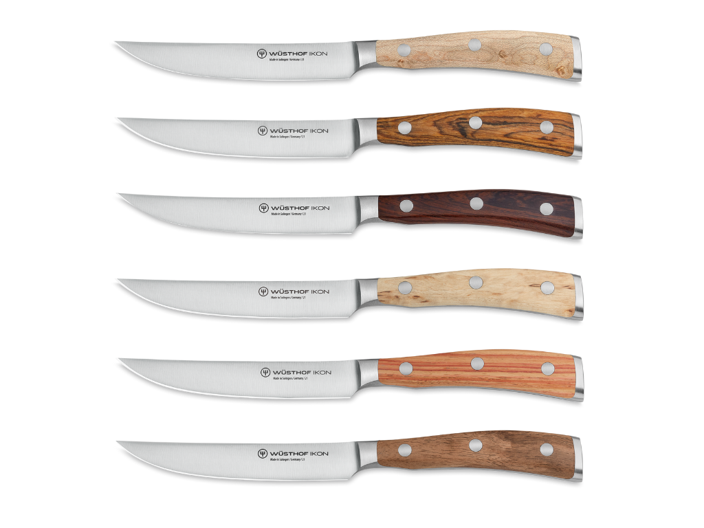 Ikon 6-Piece Mixed Wood Steak Knife Set with Leather Knife Roll