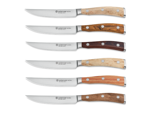 Ikon 6-Piece Mixed Wood Steak Knife Set with Leather Knife Roll