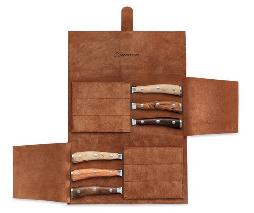 Ikon 6-Piece Mixed Wood Steak Knife Set with Leather Knife Roll