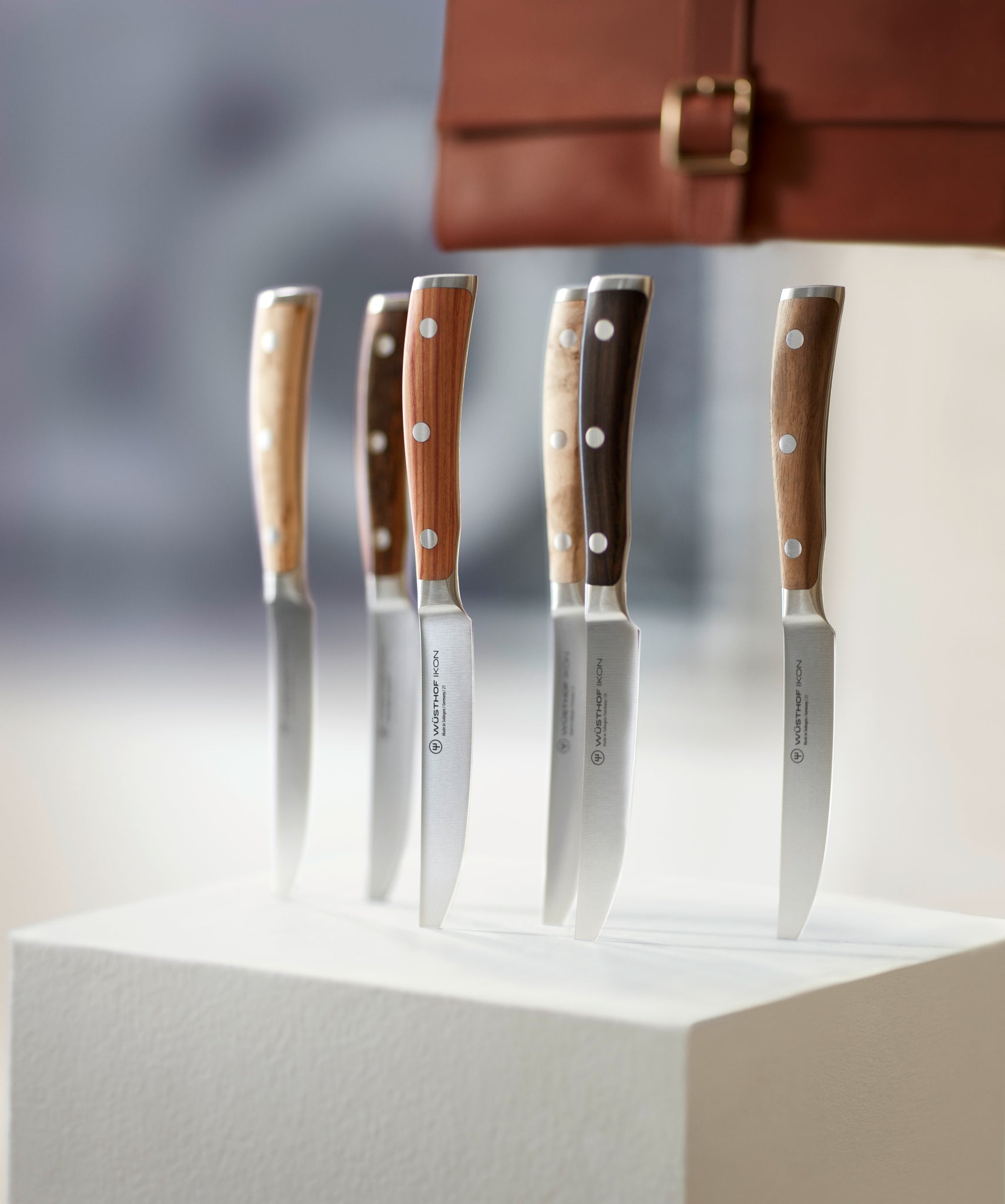 Ikon 6-Piece Mixed Wood Steak Knife Set with Leather Knife Roll